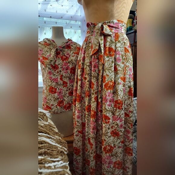 VINTAGE Two Piece Long Floral Maxi Skirt Matching Blouse & Belt Size S - Picture 4 of 16